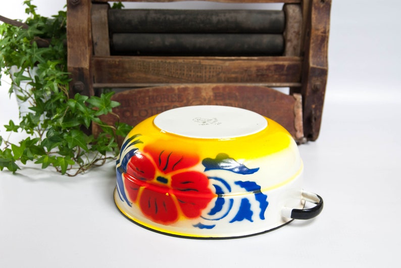 mixing bowl vintage enamelware Enamel bowl with handles fruit bowl camping bowl serving bowl rustic bowl bowl with flower