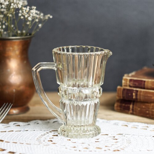 Glass Water Jug, Pressed Glass Pitcher, Vintage Milk Jug, Retro Water