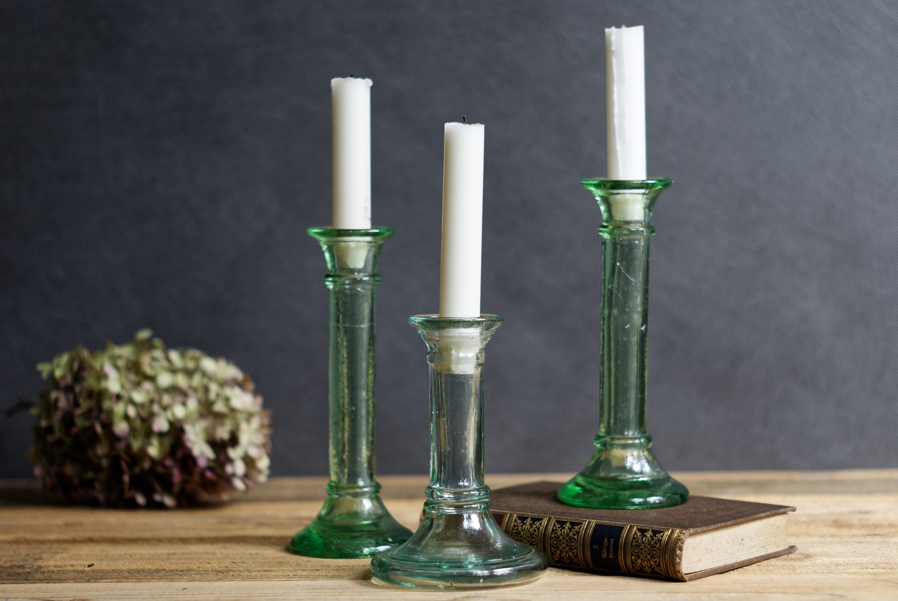 Glass Candlesticks Set Taper Candle Holder Green Candle Etsy