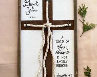 A Cord Of Three Strands Braided Cross Sign, Unity Ceremony Sign With Cord Cross, Custom Unity Sign For Wedding, Scripture Sign