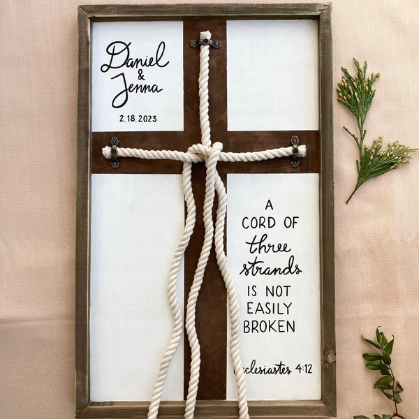 A Cord Of Three Strands Braided Cross Sign, Unity Ceremony Sign With Cord Cross, Custom Unity Sign For Wedding, Scripture Sign