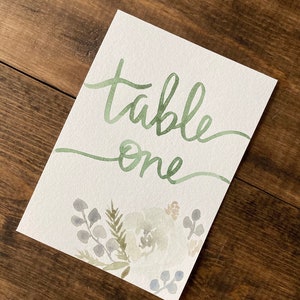 May include: A white card with green watercolor calligraphy that says "table one" and a watercolor floral design in shades of green, blue, and white.