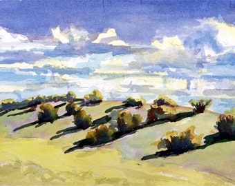 May include: Watercolor painting of a landscape with a rolling green hill and a blue sky with white clouds. The hill is dotted with small, dark green trees. The sky is a light blue with white clouds.