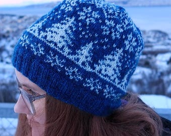 May include: A blue and white knitted hat with a snowflake pattern. The hat is worn by a person with long brown hair.