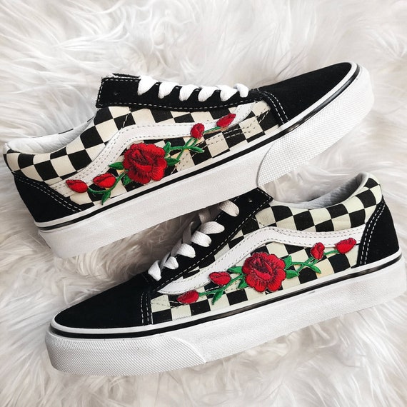 vans black and white with roses