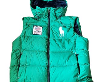 Vintage 90s Polo Ralph Lauren Puffer Vest – Green – XL – Detachable Hood