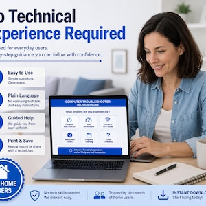 May include: A laptop screen displays a Computer Troubleshooter Decision Engine with icons for issues like slow performance, internet problems, and blue screen errors. The interface includes text stating No Technical Experience Required.