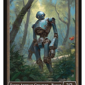 Könnte beinhalten: Sammelkarte mit einem blauen Roboter in einem Dschungel. Oben steht "ROBOT" und unten "TOKEN ARTIFACT CREATURE - ROBOT". Der Roboter ist 2/2 und stammt aus Serie 2, Token 353 © 2025.