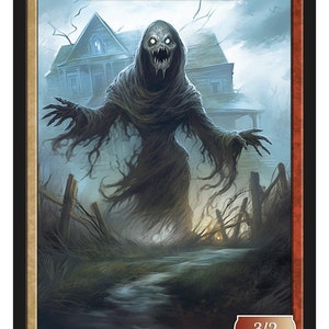 Può includere: Una carta di gettone spirito inquietante con una forza e resistenza di 3/2. La carta presenta una figura oscura con occhi luminosi e un'espressione minacciosa, in piedi di fronte a una casa fatiscente. La carta fa parte della Serie 2 ed è etichettata come Gettone 185.