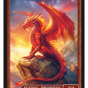 May include: A red dragon elemental with fiery wings perched on a rock against a sunset sky. The card reads "Dragon Elemental" with the text "Flying, Prowess" and "4/4". The card is from Series 2 and is Token 257 © 2024.