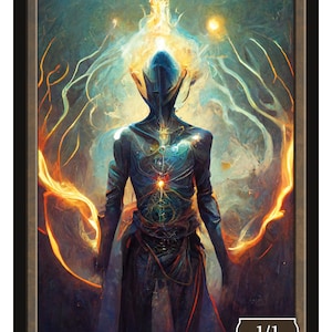 Puede incluir: Una carta de arte de fantasía que representa una figura humanoide con energía naranja y azul brillante. La carta se titula "CONSTRUCT" y tiene una fuerza y resistencia de 1/1. La carta es de la Serie 2 y es el ficha 47.