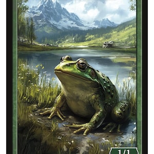 May include: A green frog illustration on a card with the word "FROG" at the top. The card features a scenic background of a lake and mountains. The card also has the text "1/1" and "Series 3".