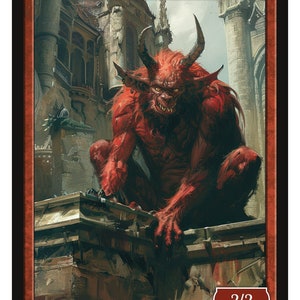 May include: A red imp with horns and sharp teeth sits on a stone ledge in front of a crumbling building. The card reads "IMP" and "2/2".
