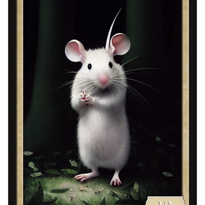 May include: A white mouse with pink ears and a long tail stands on a green surface with leaves. The card reads "MOUSE" and "1/1".