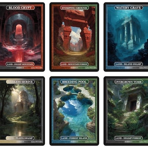 May include: Set of ten fantasy landscape cards, each with a unique illustration and text. The cards feature scenes like a fountain, crypt, and garden, with titles such as "Blood Crypt" and "Temple Garden". Each card has a black border.