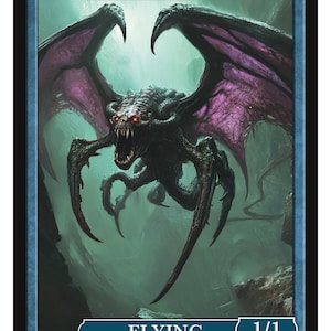 Puede incluir: Una criatura Tyranid Gargoyle negra y morada con ojos rojos y garras afiladas. La criatura está volando en un fondo verde y marrón. La carta dice "Tyranid Gargoyle" y "Vuelo 1/1".