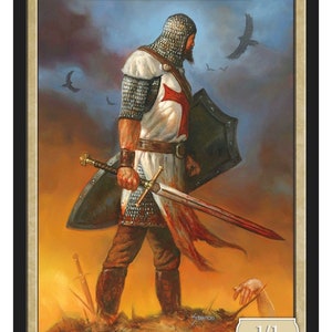 May include: A fantasy card game token depicting a human warrior in chainmail armor with a red cross on their chest. The warrior is holding a sword and shield and is standing on a battlefield with a sunset in the background. The card text reads "HUMAN" and "1/1".