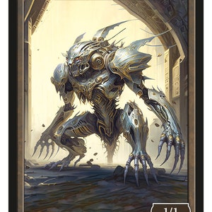 May include: A silver and gold Phyrexian Myr creature token card with a 1/1 power and toughness rating. The card is from the Magic: The Gathering trading card game.
