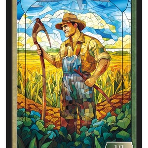 May include: A stained glass style illustration of a citizen holding a farming tool in a field. The card reads "CITIZEN" and "1/1".