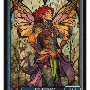 Pode incluir: Carta de fantasia com uma ladra fada ruiva com grandes asas em estilo vitral. A carta tem o texto "FAERIE ROGUE" no topo e "FLYING" e "1/1" na parte inferior. A arte é definida contra um fundo de vitral.