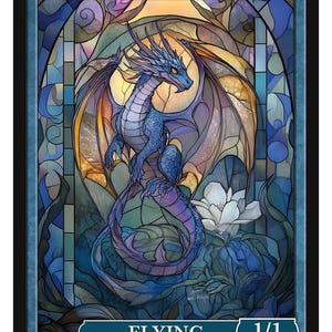 May include: A fantasy card featuring a blue dragon with purple accents, wings spread, set against a stained-glass background. The card reads "FAERIE DRAGON" and "FLYING 1/1". Series 3, Token 52 © 2025.