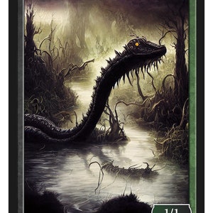 May include: A black and green fantasy creature with a long neck and a yellow eye, in a swampy environment. The creature is labeled "WORM" and "1/1". The card is from "SERIES 2" and is "Token 60 © 2022".
