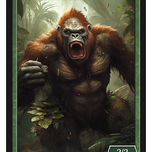 May include: A green and brown card with the word "APE" in a green banner at the top. The card features an illustration of a large, angry, red-haired ape with a 2/2 power and toughness rating in the bottom right corner. The card is from Series 2.