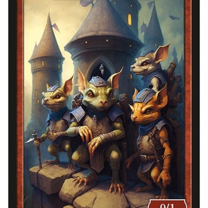 May include: Four small, green, brown, and white kobolds stand in front of a stone building with a tower. They are wearing blue and brown armor and have large ears. The kobolds are looking at the viewer. The card reads "Kobolds of Kher Keep" and "0/1".