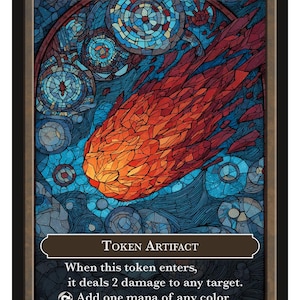 May include: A trading card featuring a stylized illustration of a meteorite. The card has a brown border and the word "METEORITE" at the top. The artwork depicts a fiery orange and red meteor against a blue stained-glass background. Text at the bottom describes the card's abilities.