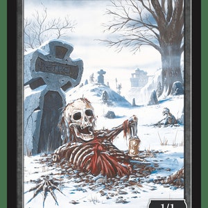May include: A skeletal figure lies in a snowy graveyard, surrounded by other skeletons and tombstones. The figure is partially buried in the ground, with its bones exposed. The background features a snowy landscape with a large tree and a stone cross.