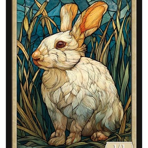May include: A detailed illustration of a white rabbit with tan ears and brown eyes, set against a backdrop of blue and green stylized foliage. The word "RABBIT" is at the top, with "1/1" and "SERIES 3" at the bottom.