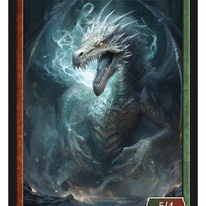 May include: A white dragon spirit token card with a green and brown border. The card features a detailed illustration of a white dragon with glowing eyes and a powerful stance. The card text reads "Dragon Spirit" and "5/4". The bottom of the card reads "Series 2 Token 214 © 2023".