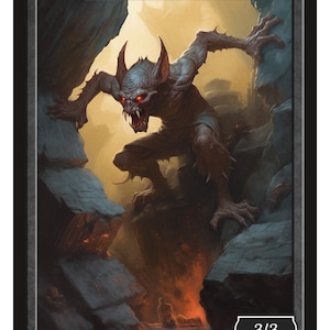 May include: A red-eyed demon with sharp teeth and claws stands on a rocky ledge. The demon is a 3/3 creature token from Series 2.