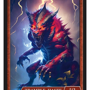May include: A red and black monster with glowing red eyes and horns. The monster is surrounded by lightning and has the text "Lightning Rager" above it. The text "Trample, Haste" and "5/1" are below the monster. The text "Series 2" and "Token 132 © 2023" are below the text.