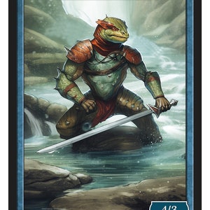 Pode incluir: Um cartão de jogo de fantasia com um guerreiro salamandra verde e marrom com olhos vermelhos, vestindo armadura e empunhando uma espada. O cartão é intitulado "Salamander Warrior" e tem uma força e resistência de 4/3. O cartão é da Série 2 e é o token 77 © 2022.