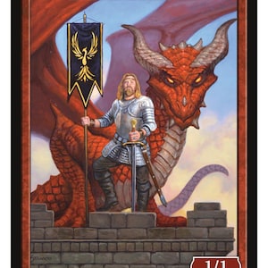 May include: A fantasy art card featuring a warrior in silver armor holding a sword and a banner with a golden phoenix. A red dragon is behind the warrior. The card has the word "WARRIOR" at the top and "1/1" at the bottom.