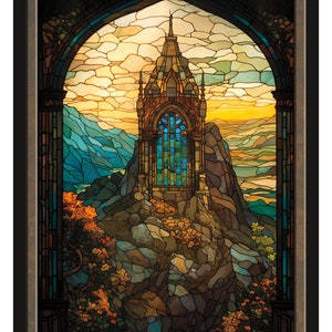 May include: A stained glass window depicting a stone tower on a mountaintop with a sunset in the background. The text "SHRINE" is at the top of the image and "SERIES 3 Token 19 © 2024" is at the bottom.