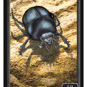 May include: A black insect token card with a detailed illustration of a beetle on a brown background. The card has the text "INSECT" at the top and "1/1" in the bottom right corner. The card also includes the text "DAVID MARTIN" and "Token 126 © 2022".