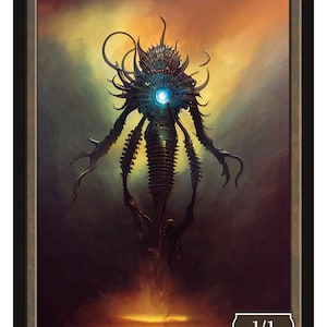 May include: A black and brown mechanical servo with a blue glowing eye. The servo is standing on a yellow surface. The card reads "SERVO" and "1/1".