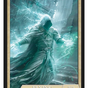 May include: A green and white spirit creature with a hooded cloak, glowing with energy. The card reads "SPIRIT" and "FLYING" with a 2/2 power and toughness rating.  The card is from Series 2.