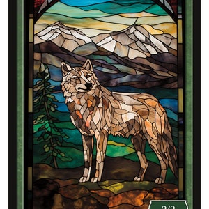 May include: A stained glass illustration of a wolf standing in a mountainous landscape. The wolf is brown and white with a green background. The card reads "WOLF" and "2/2" with the text "SERIES 3" and "Token 16 © 2024" at the bottom.