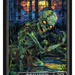 May include: A stained-glass style illustration of a zombie. The undead figure is green and decaying, with glowing orange eyes and a gaping mouth. The card reads "ZOMBIE" at the top and "DECAYED 2/2" at the bottom. Series 3, Token 63 © 2025.