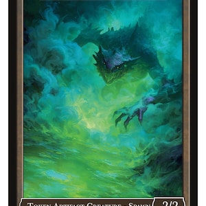 May include: A fantasy card with a Spawn creature illustration. The artwork shows a monstrous figure emerging from green and blue mist. The card includes the text "SPAWN" at the top and "TOKEN ARTIFACT CREATURE - SPAWN" at the bottom.