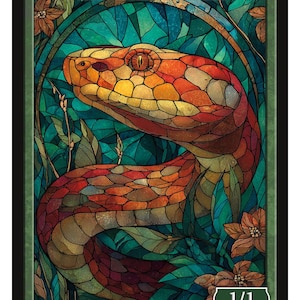 May include: A vibrant image of a snake, labelled "SNAKE". The snake is rendered in orange, red, and yellow hues, with a mosaic design. The background includes green and blue foliage, and the text "1/1".