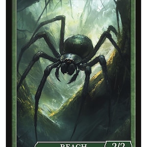 Peut inclure: Une araignée verte et noire avec huit pattes et des yeux rouges. L'araignée se trouve dans un environnement forestier avec une végétation verte et un ruisseau. La carte indique "SPIDER" et "REACH" avec une force et une endurance de 2/2. La carte est de la série 2.