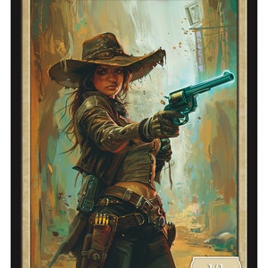 May include: A card game token depicting a woman in a brown leather jacket and a wide-brimmed hat, holding a revolver with a glowing blue barrel. The card reads "SOLDIER" and "1/1" with the text "SERIES 2" and "Token 248 © 2024" at the bottom.