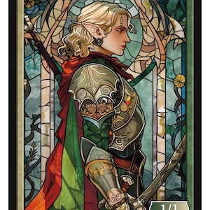 May include: An Elf Warrior card from Series 3, featuring a blonde elf in ornate armor and a red cape, holding a sword. The background is a stained-glass window with green, blue, and red hues. The card has the text "ELF WARRIOR" and "1/1".
