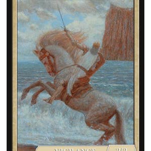 May include: A knight on horseback charges through the waves. The knight is wearing armor and a helmet, and the horse is white with a brown mane. The background is a blue sky with white clouds and a red cliff. The card reads "Knight" and "Vigilance 2/2".