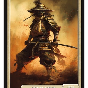 May include: A fantasy trading card featuring a samurai warrior with a straw hat and a katana sword. The card has the text "SAMURAI" at the top and "Vigilance 2/2" at the bottom. The card is from "Series 2" and is Token 26 © 2022.