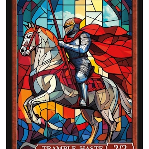 May include: A stained glass style illustration of a human knight riding a white horse. The knight is wearing silver armor and a red cape. The knight is holding a spear. The text "HUMAN KNIGHT" is at the top of the card. The text "TRAMPLE,HASTE 2/2" is at the bottom of the card. The text "SERIES 3" is at the bottom left of the card. The text "Token 54 © 2025" is at the bottom right of the card.